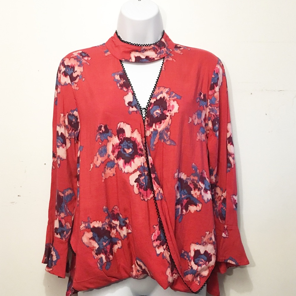 Indigo Rein Red Floral Wrap with High Neck